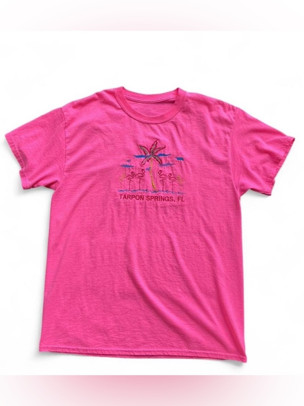 Retro Pink Flamingo Florida Beach Embroidered Short Sleeve T-Shirt